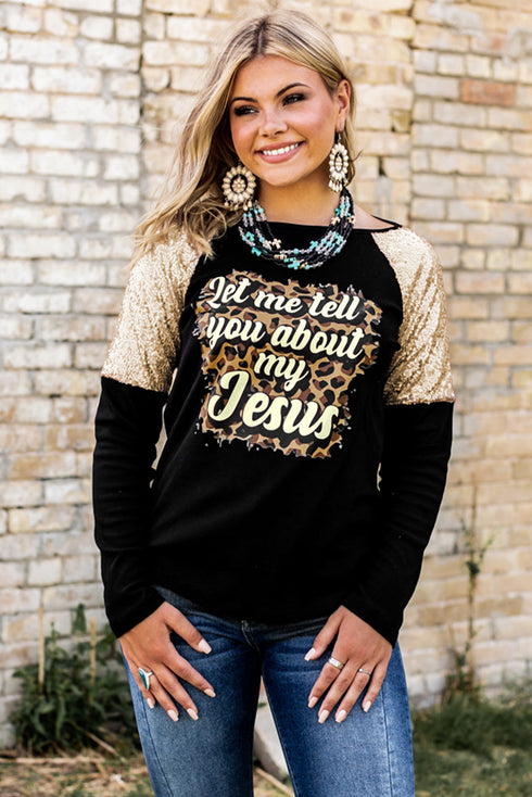 Black Leopard Letter Print Sequin Patchwork Long Sleeve Top