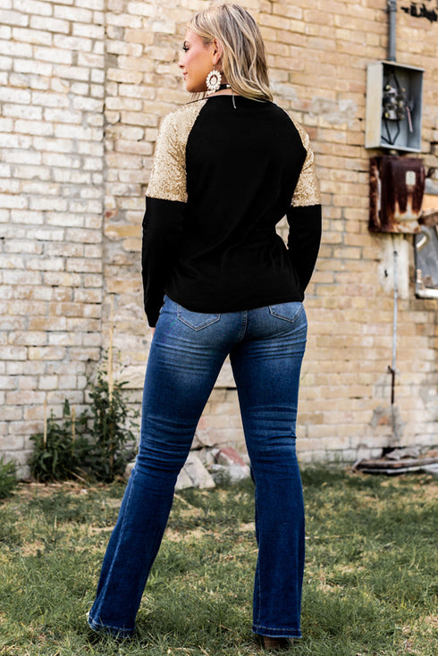 Black Leopard Letter Print Sequin Patchwork Long Sleeve Top