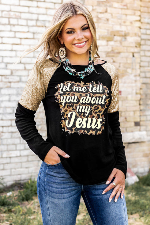 Black Leopard Letter Print Sequin Patchwork Long Sleeve Top