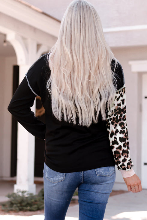 Black Leopard Patchwork Buttoned Hooded Sweatshirt