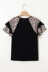 Black Leopard Print Patchwork Ruffled Sleeve V Neck T Shirt