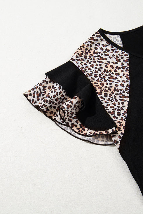 Black Leopard Print Patchwork Ruffled Sleeve V Neck T Shirt