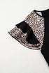 Black Leopard Print Patchwork Ruffled Sleeve V Neck T Shirt