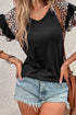 Black Leopard Print Patchwork Ruffled Sleeve V Neck T Shirt