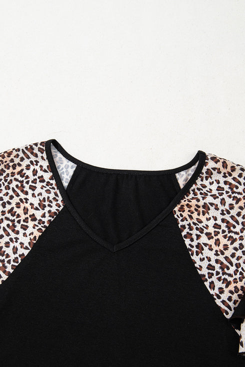 Black Leopard Print Patchwork Ruffled Sleeve V Neck T Shirt