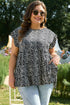 Black Leopard Print Ruffled Short Sleeve Keyhole Back Tiered Flowy Plus Size Blouse