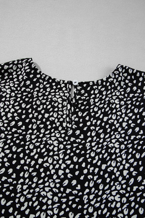 Black Leopard Print Ruffled Short Sleeve Keyhole Back Tiered Flowy Plus Size Blouse