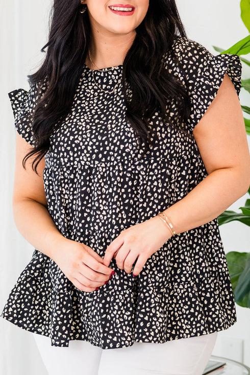 Black Leopard Print Ruffled Short Sleeve Keyhole Back Tiered Flowy Plus Size Blouse