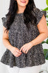 Black Leopard Print Ruffled Short Sleeve Keyhole Back Tiered Flowy Plus Size Blouse