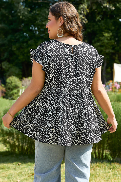 Black Leopard Print Ruffled Short Sleeve Keyhole Back Tiered Flowy Plus Size Blouse