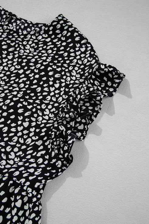 Black Leopard Print Ruffled Short Sleeve Keyhole Back Tiered Flowy Plus Size Blouse