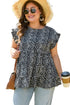 Black Leopard Print Ruffled Short Sleeve Keyhole Back Tiered Flowy Plus Size Blouse