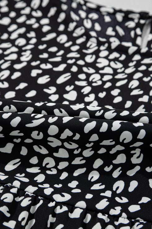 Black Leopard Print Ruffled Short Sleeve Keyhole Back Tiered Flowy Plus Size Blouse