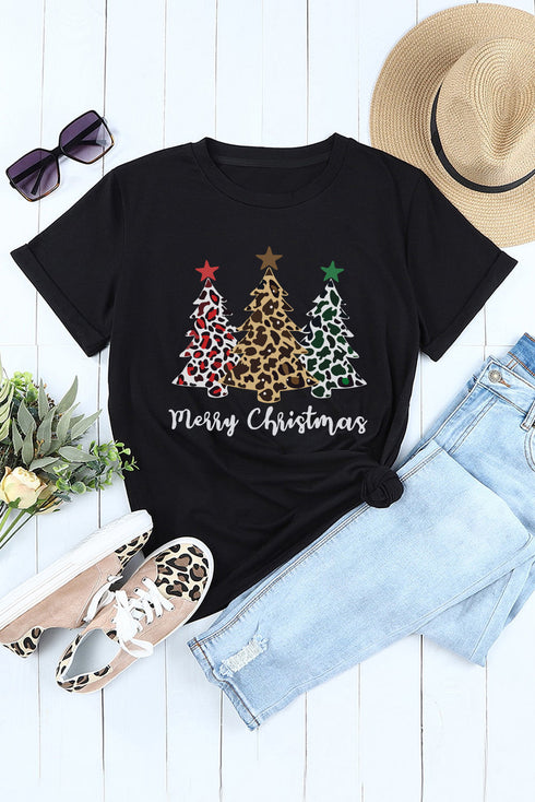 Black Leopard Tree Christmas Graphic Print T Shirt
