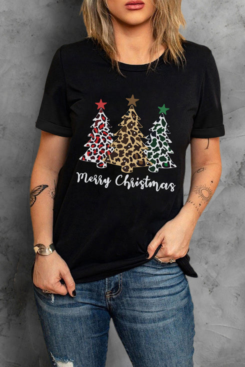 Black Leopard Tree Christmas Graphic Print T Shirt