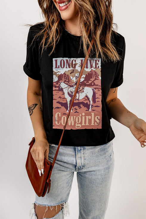 Black Long Live Cowgirls Graphic Print Short Sleeve T Shirt