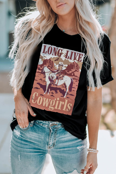Black Long Live Cowgirls Graphic Print Short Sleeve T Shirt