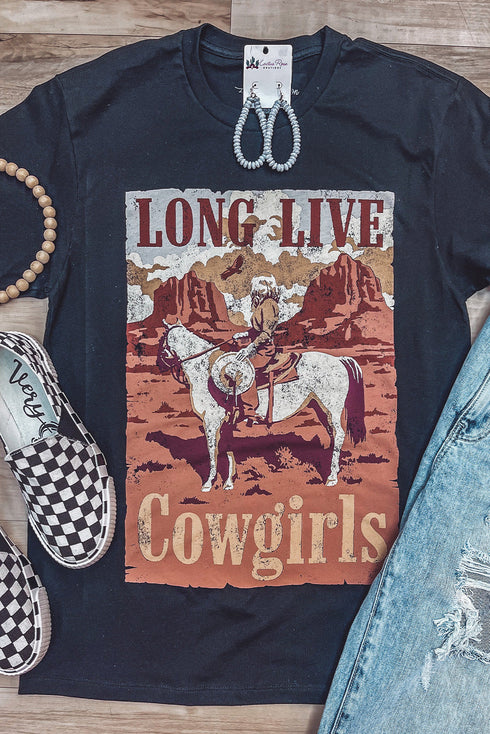 Black Long Live Cowgirls Graphic Print Short Sleeve T Shirt