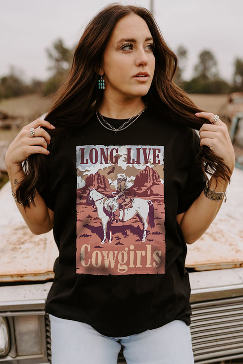 Black Long Live Cowgirls Graphic Print Short Sleeve T Shirt