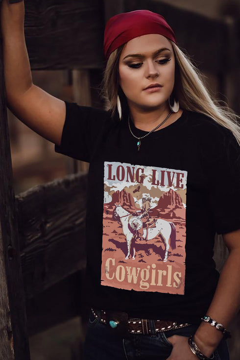 Black Long Live Cowgirls Graphic Print Short Sleeve T Shirt
