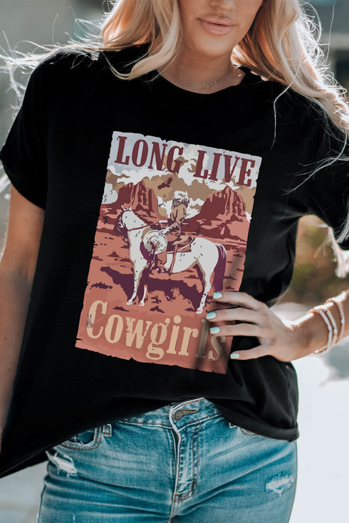 Black Long Live Cowgirls Graphic Print Short Sleeve T Shirt