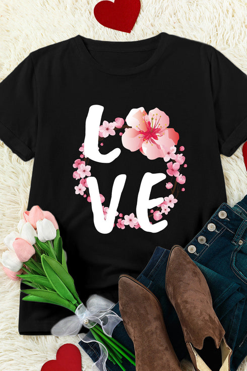 Black Love Cherry Blossoms Graphic Print Short Sleeve T Shirt