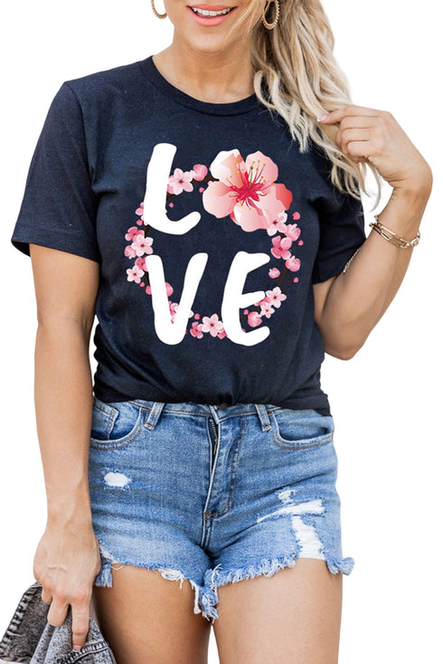 Black Love Cherry Blossoms Graphic Print Short Sleeve T Shirt