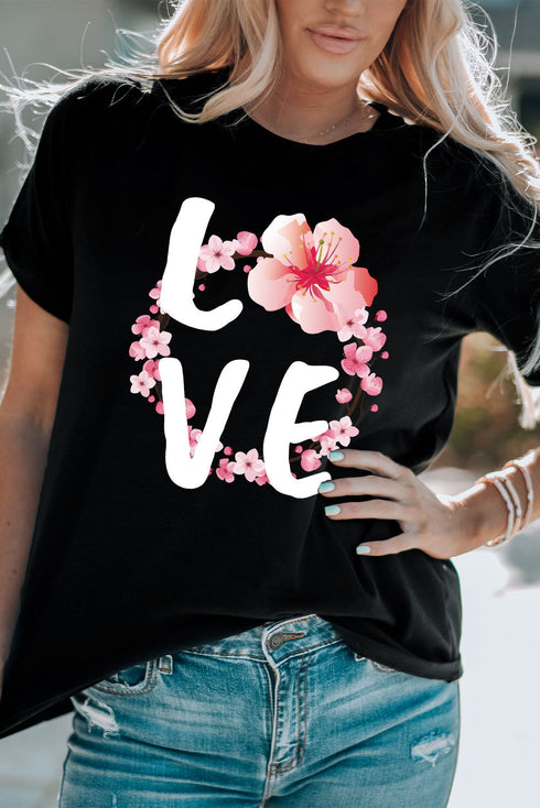 Black Love Cherry Blossoms Graphic Print Short Sleeve T Shirt