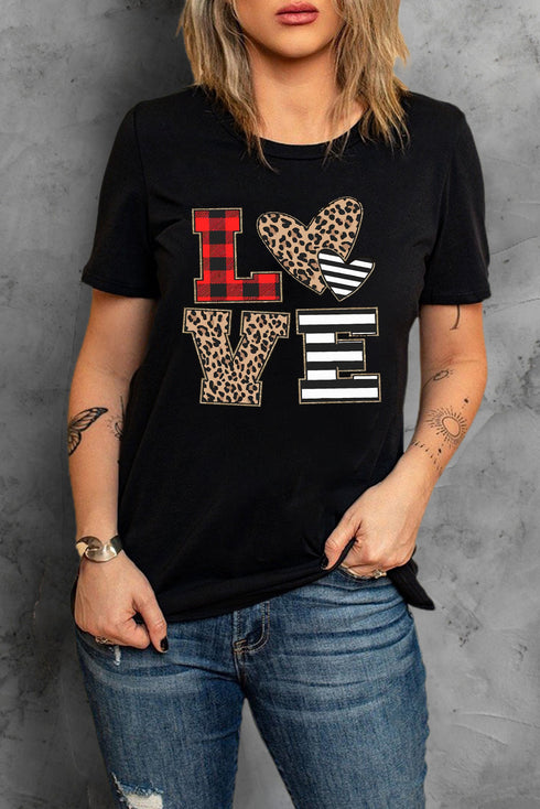 Black Love Heart Plaid Striped Leopard Print Graphic T Shirt