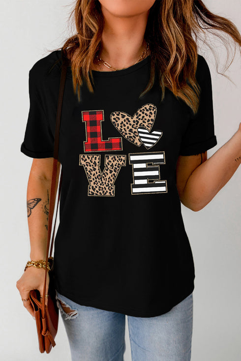 Black Love Heart Plaid Striped Leopard Print Graphic T Shirt