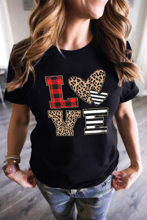 Black Love Heart Plaid Striped Leopard Print Graphic T Shirt