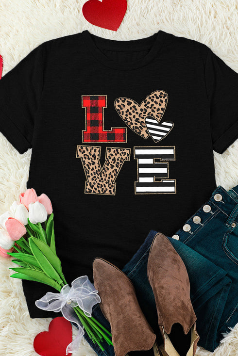Black Love Heart Plaid Striped Leopard Print Graphic T Shirt