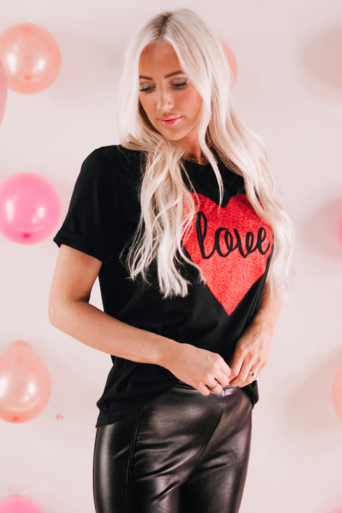 Black Love Heart Shaped Glitter Print Short Sleeve T Shirt