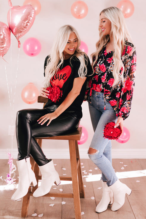 Black Love Heart Shaped Glitter Print Short Sleeve T Shirt