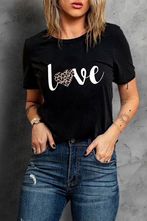 Black Love Leopard Heart Shape Print Short Sleeve T Shirt