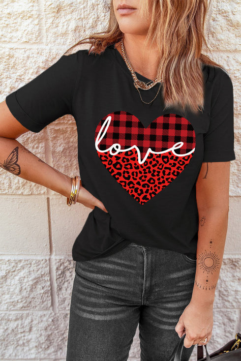 Black Love Leopard Plaid Heart Shaped Crewneck T Shirt