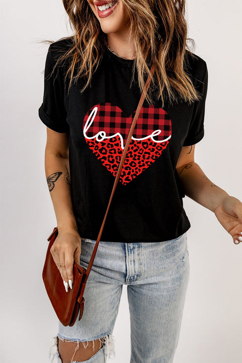Black Love Leopard Plaid Heart Shaped Crewneck T Shirt