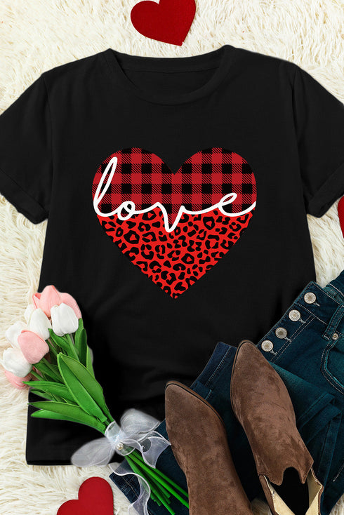 Black Love Leopard Plaid Heart Shaped Crewneck T Shirt