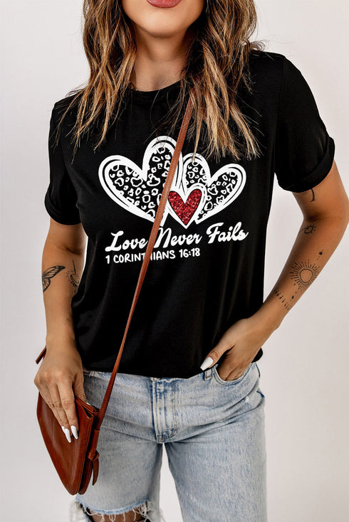 Black Love Never Fails Leopard Sequin Heart Graphic Valentines Tee