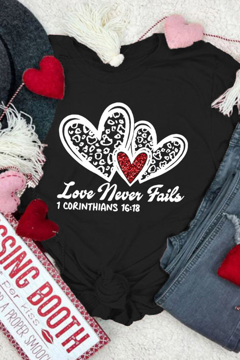 Black Love Never Fails Leopard Sequin Heart Graphic Valentines Tee