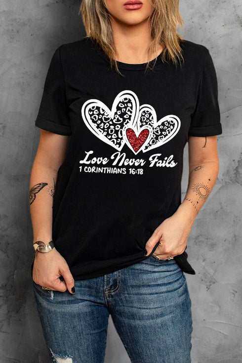 Black Love Never Fails Leopard Sequin Heart Graphic Valentines Tee