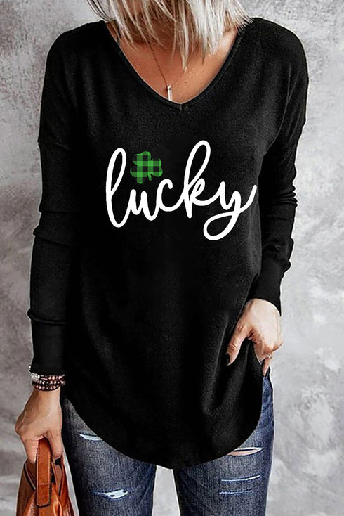 Black Lucky Clover Graphic Print V Neck Top