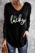 Black Lucky Clover Graphic Print V Neck Top