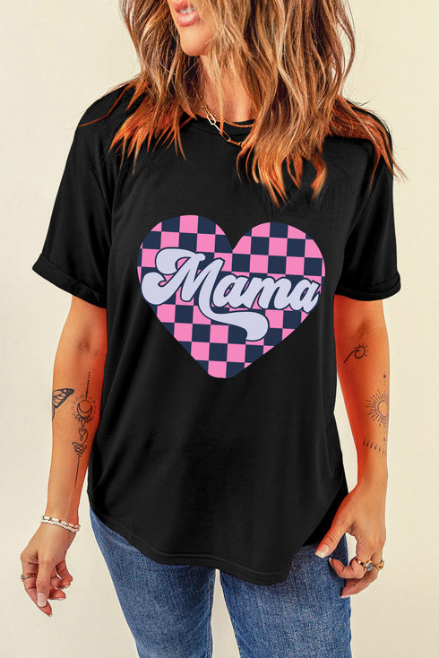 Black Mama Checkered Heart Shape Print Crewneck T Shirt