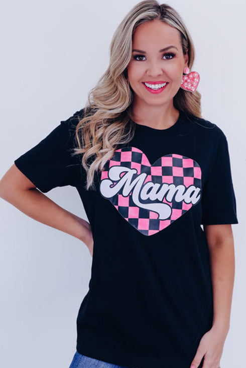 Black Mama Checkered Heart Shape Print Crewneck T Shirt