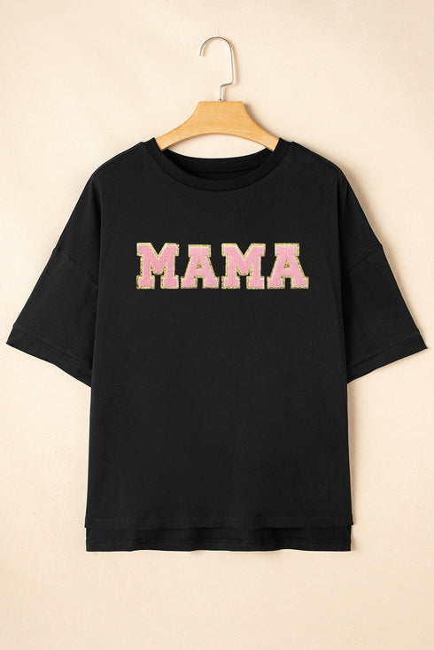 Black MAMA Patched Graphic Drop Shoulder Loose Tee