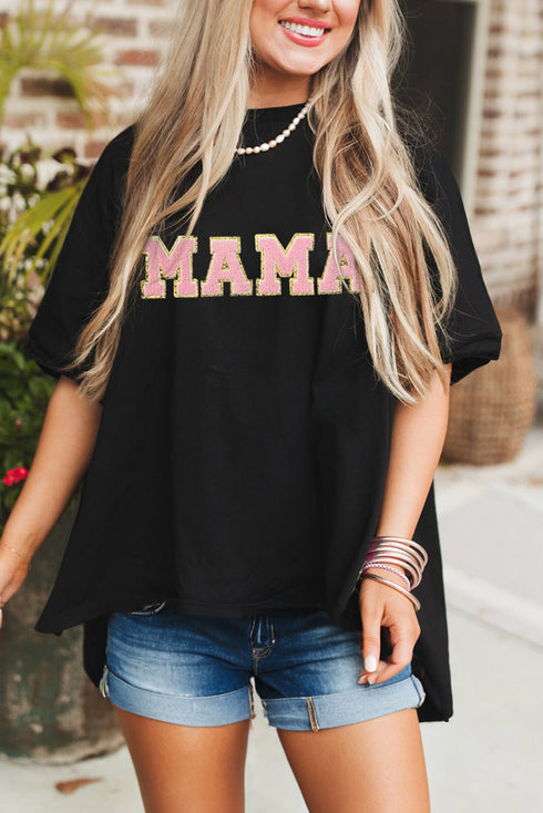 Black MAMA Patched Graphic Drop Shoulder Loose Tee
