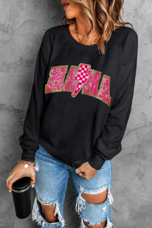 Black MAMA Shiny Graphic Pullover Sweatshirt