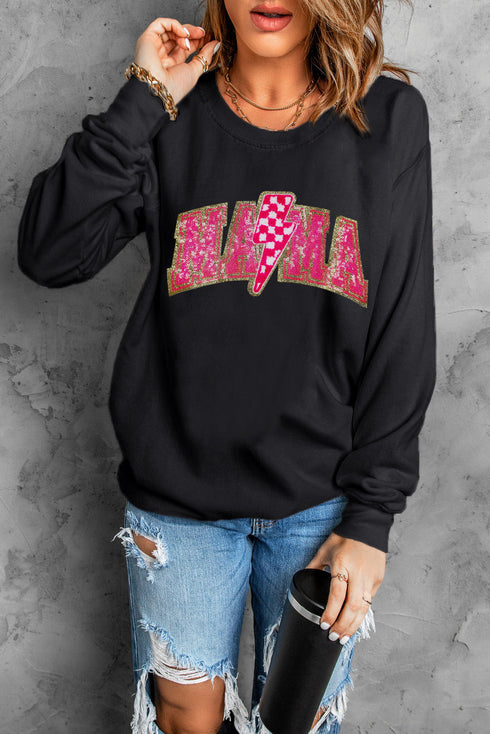 Black MAMA Shiny Graphic Pullover Sweatshirt