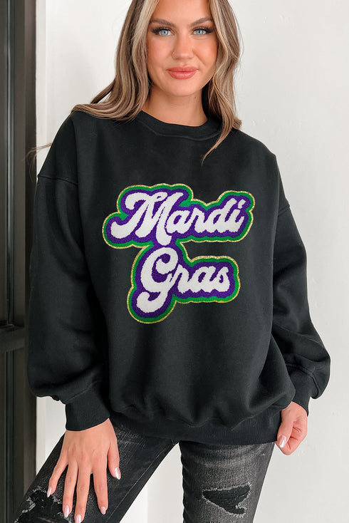Black Mardi Gras Chenille Patched Graphic Drop Shoulder Sweatshirt